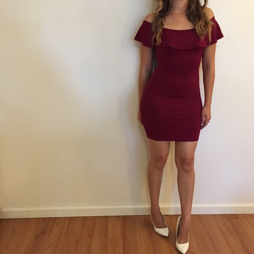 Burgundy Ruffle Off The Shoulder Dress